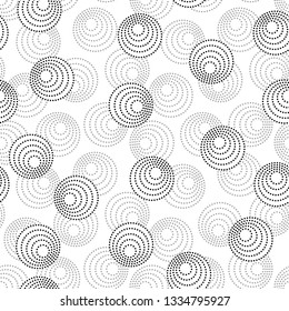 Concentric circles with dotted outline in two colors. Seamless geometric pattern on white background. Vector colorless image