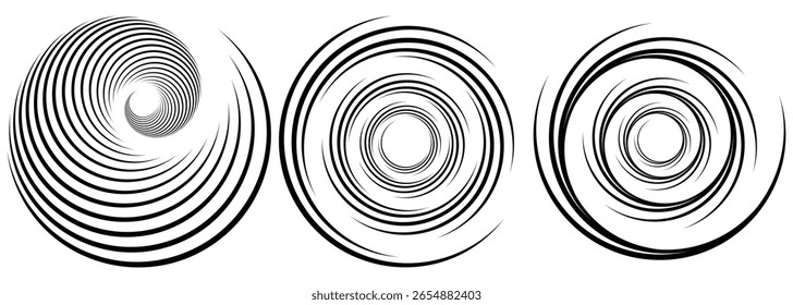 Elemento geométrico de círculos concêntricos. Segmentos concêntricos de círculos, linhas aleatórias seguindo um caminho de círculo. Planos de fundo espirais. Ilustração vetorial de EPS