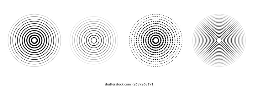 Concentric circles geometric round design element. Echo and pulse effect with smooth radial rings. Speaker soundwave with radiating lines