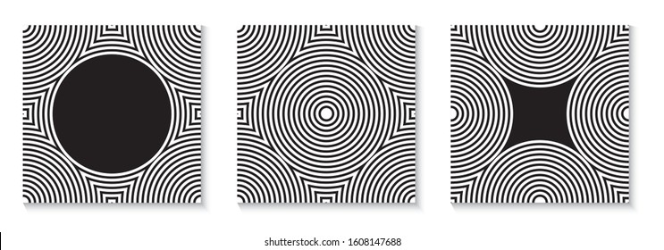 concentric circles grid patterns sequence in black and white