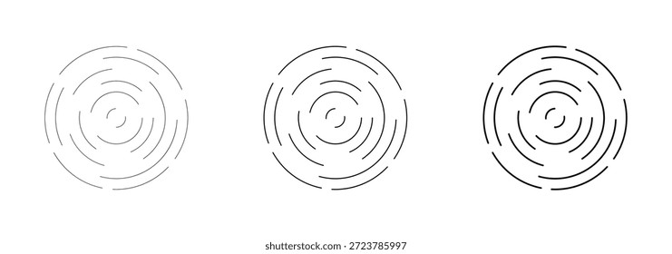 Symbolsatz für konzentrische Kreise. Satz von kreisförmigen Ripple-Symbolen. Konzentrische Kreise mit unterbrochenen Linien einzeln auf weißem Hintergrund. Wirbel, Sonarwelle, Schallwelle, Sonnenaufgang, Signalzeichen. Linearer Radarsatz