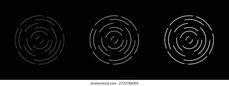 Symbolsatz für konzentrische Kreise. Satz von kreisförmigen Ripple-Symbolen. Konzentrische Kreise mit unterbrochenen Linien einzeln auf weißem Hintergrund. Wirbel, Sonarwelle, Schallwelle, Sonnenaufgang, Signalzeichen. Linearer Radarsatz