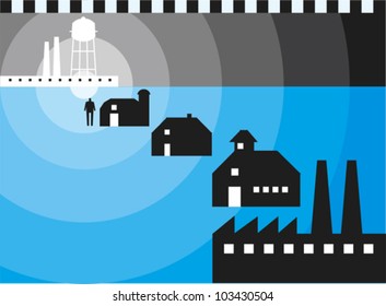 Concentric circles indicate the amount of reduced risk of exposure the further away from an environmental hazard a person lives