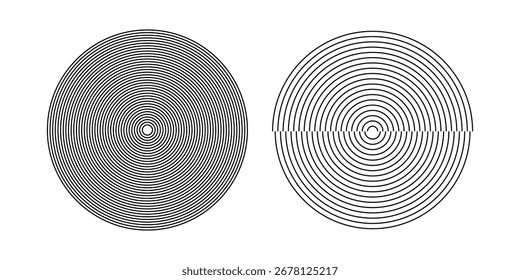 Konzentrische Kreise einzeln auf weißem Hintergrund. Symbole für Ultraschallwellen, Funksignale oder Erdbeben-Epizentren. Vibrationen, Stoßwellen, Echos oder Pulssignale. Ripple-Formen. Vektorgrafik.
