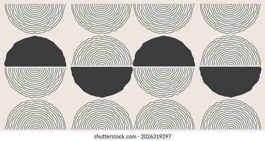 Concentric circles, minimal vector illustration in Mid Century Modern style. Artistic hand drawn composition for trendy spaces