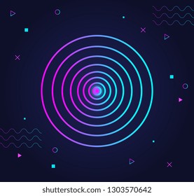 Concentric circles. Neon glowing. Vector artwork. Technology background. 80s, 90s rave style. Internet, wi-fi concept. Trendy modern design. Pink, blue, purple colors. Banner, print, poster