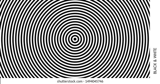 Concentric circles pattern. Black and white design with optical illusion. Abstract striped background. Vector illustration. 