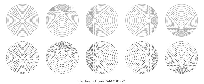 Concentric circles, radar, target, round geometric shapes vector icon set