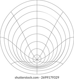 Círculos concéntricos y líneas radiales que forman un patrón de cuadrícula geométrica sobre un fondo blanco