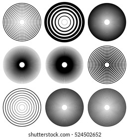 Concentric circles, radial lines pattern(s). Monochrome abstract element(s)