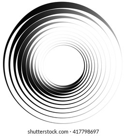 Concentric circles. Radiating, radial circles monochrome abstract element. Rotating, spiral, vortex element. Spirally circular shape.