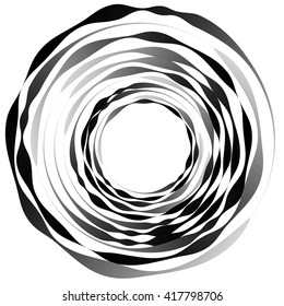 Concentric circles. Radiating, radial circles monochrome abstract element. Rotating, spiral, vortex element. Spirally circular shape.