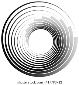 Concentric circles. Radiating, radial circles monochrome abstract element. Rotating, spiral, vortex element. Spirally circular shape.