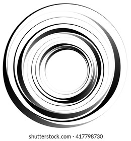 Concentric circles. Radiating, radial circles monochrome abstract element. Rotating, spiral, vortex element. Spirally circular shape.