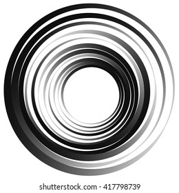 Concentric circles. Radiating, radial circles monochrome abstract element. Rotating, spiral, vortex element. Spirally circular shape.