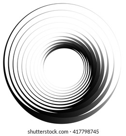 Concentric circles. Radiating, radial circles monochrome abstract element. Rotating, spiral, vortex element. Spirally circular shape.