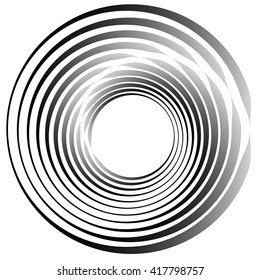 Concentric circles. Radiating, radial circles monochrome abstract element. Rotating, spiral, vortex element. Spirally circular shape.