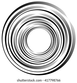 Concentric circles. Radiating, radial circles monochrome abstract element. Rotating, spiral, vortex element. Spirally circular shape.