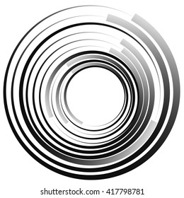 Concentric circles. Radiating, radial circles monochrome abstract element. Rotating, spiral, vortex element. Spirally circular shape.