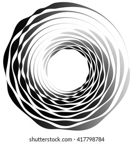 Concentric circles. Radiating, radial circles monochrome abstract element. Rotating, spiral, vortex element. Spirally circular shape.