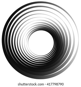 Concentric circles. Radiating, radial circles monochrome abstract element. Rotating, spiral, vortex element. Spirally circular shape.