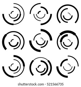 Concentric circles with random lines. Segmented circles abstract symbol, abstract logo shape