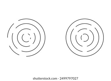 Concentric circles set. Ripple circular shapes. Vector illustration isolated on white background. Vortex, sonar wave, soundwave, sunburst, signal signs symbol. Vector illustration. Eps file 62. 