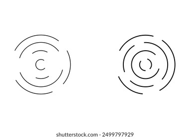 Concentric circles set. Ripple circular shapes. Vector illustration isolated on white background. Vortex, sonar wave, soundwave, sunburst, signal signs symbol. Vector illustration. Eps file 63.