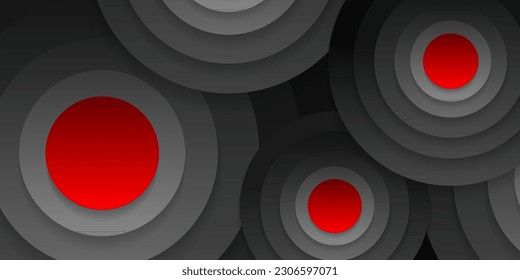 Círculos concéntricos con sombras. Resumen de fondo oscuro. Rojo en el centro. Circulares negras. Corta el papel. Diseño gráfico de vectores