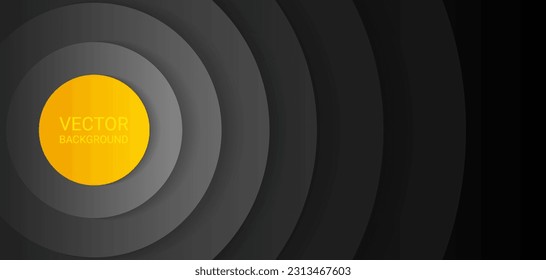 Concentric circles with shadows. Abstract dark background. Yellow in the center. Black circulars. Cut out paper. Vector graphic design
