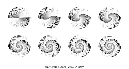 Konzentrische Kreise mit gepunkteten Linien auf weißem Hintergrund. Zirkulare Wellen-Symbole. Whirlpool, Tornado, Sonarwelle, Schallwelle oder Signalzeichen. Grafik-Illustration der Vektorgrafik.