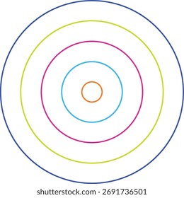 Los círculos concéntricos en varios colores, que se asemejan a un objetivo o efecto de ondulación, se muestran sobre un fondo blanco limpio. Este gráfico abstracto está aislado sobre fondo blanco.