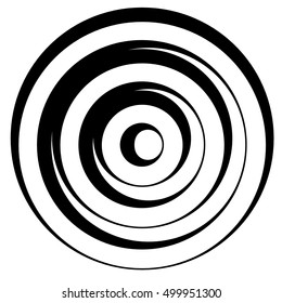 Concentric circles w dynamic irregular line. monochrome abstract spiral, ripple element