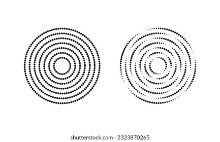 Concentric circles with whole and broken dotted lines. Circular ripple icons isolated on white background. Vortex, sonar wave, soundwave, sunburst, radio signal, pain, aim signs. Vector illustration