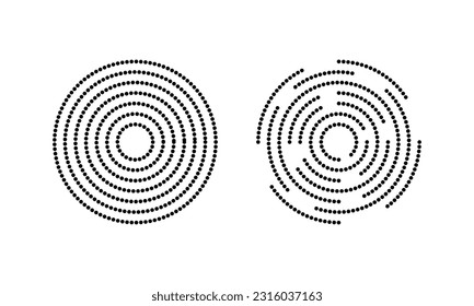Concentric circles with whole and broken polka dot lines. Circular ripple icons isolated on white background. Vortex, radio or sonar wave, soundwave, sunburst, signal signs. Vector illustration