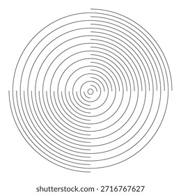 Círculos concéntricos con líneas enteras e interrumpidas aisladas sobre fondo blanco. Onda epicéntrica o sónica, ondas de choque, vibraciones o señales. Vector ilustración gráfica.