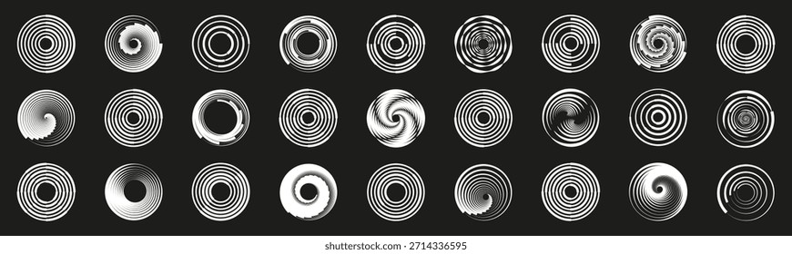 Padrões concêntricos de linha circular em plano de fundo escuro. Anéis repetitivos criam ritmo óptico hipnótico