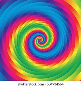Concentric colorful spiral w random circles. Abstract circular pattern.