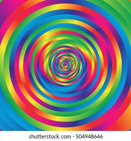 Concentric colorful spiral w random circles. Abstract circular pattern.