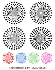 Concentric compositions of squares. Colored, uncolored versions with different rotation effects