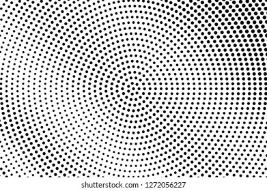 Concentric dotted texture. Big black dots on white background. Radial sparse dotted gradient. Vintage effect vector overlay. Ink dot pattern. Monochrome halftone texture. Industrial perforated surface