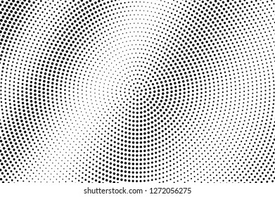 Concentric dotted texture. Black dots on white background. Radial subtle dotted gradient. Vintage effect vector overlay. Ink dot pattern. Monochrome halftone texture. Industrial perforated surface