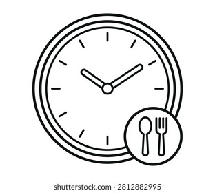 Concentric double ring analog wall clock dial holding attached restaurant dinner plate cutlery fork spoon icon. Dining schedule, launch hour timing tracking symbol.