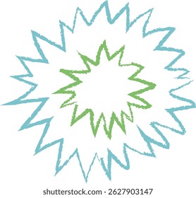 A concentric double starburst is depicted with a crayon-like texture.  Two radiating shapes overlap to form a circular emblem ideal for logos or backgrounds. Cartoon vector illustration