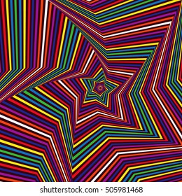 Concentric five-pointed star shapes forming the digital sequence with swirl pseudo 3D effect, abstract vector pattern in many colors