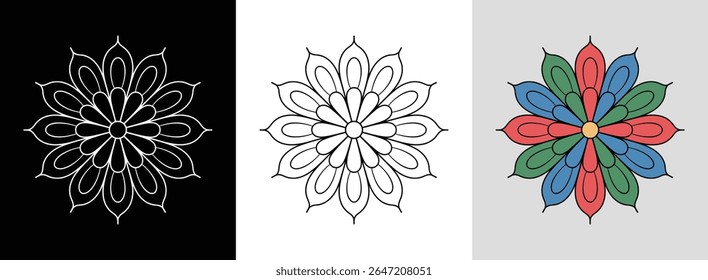 Concentric flower mandala with bold outlines and bright accents for striking floral decor.