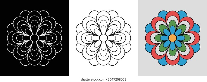 Concentric flower mandala with bold outlines and bright accents for vibrant floral decor.