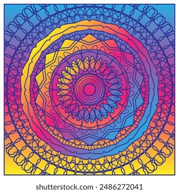 Concentric gradient pattern for bandana, neckerchief, tablecloth, decorative wall panel or other. Acid palette. Version 2. Vector illustration