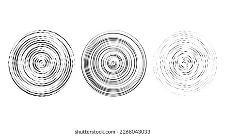Concentric halftone circles set. Dotted rings collection. Epicentre, target, radar icon concept. Sound wave, Radial signal, vibration or water elements. Vector 
