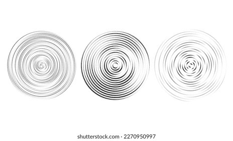 Concentric halftone circles set. Dotted rings collection. Epicentre, target, radar icon concept. Sound wave, Radial signal, vibration or water elements. Vector 